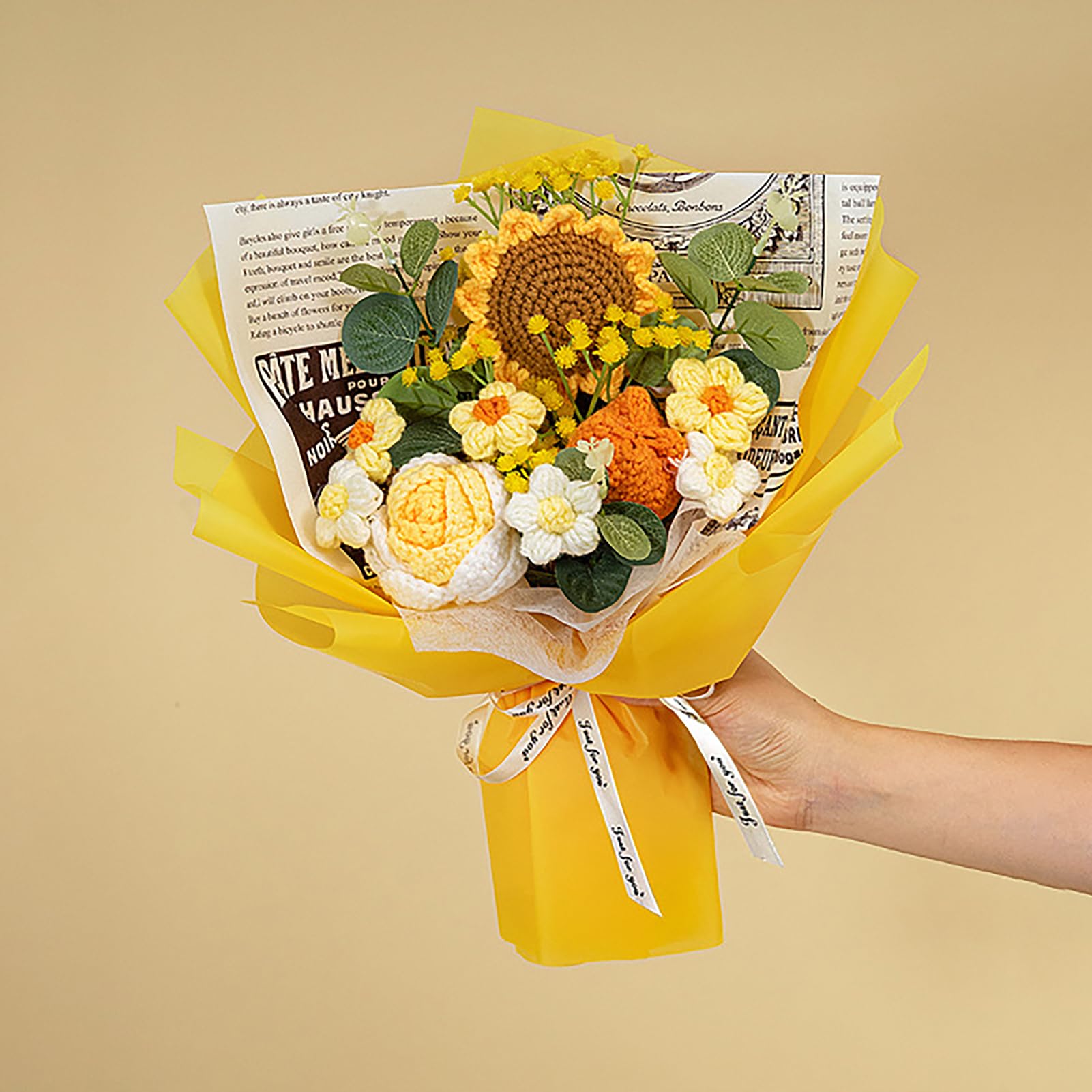 bukiet ślubny, Sztuczny słonecznik Daisy Warm Sztuczne kwiaty róży Bukiet, Ręcznie robione szydełkowe, Żywe słoneczniki Dzianinowe sztuczne(Yellow)