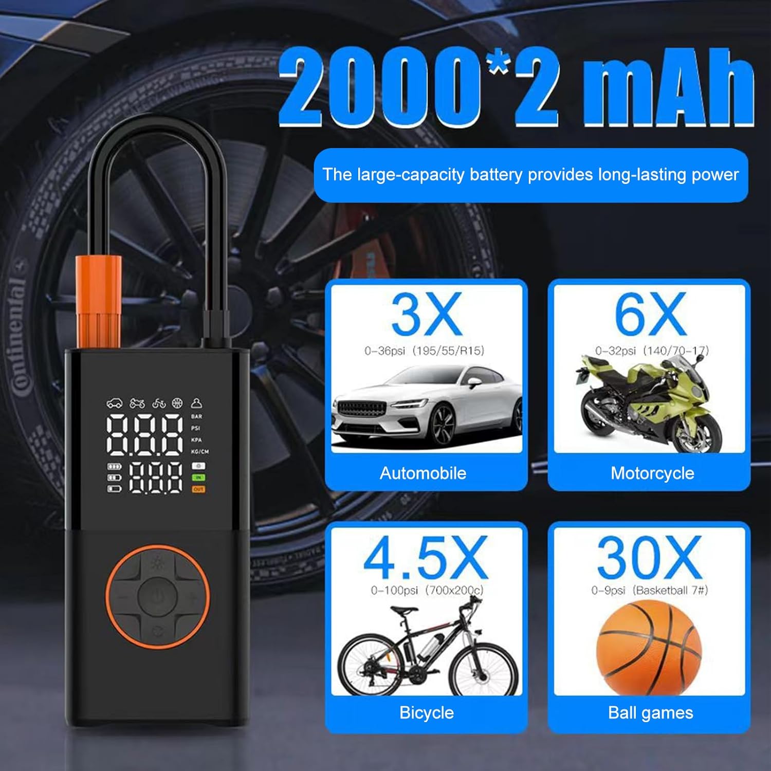 Portable Air Compressor Bikes Vehicles Motorcycle Tire Inflator Digital Display Pressure Gauge Detect with LED Lamp