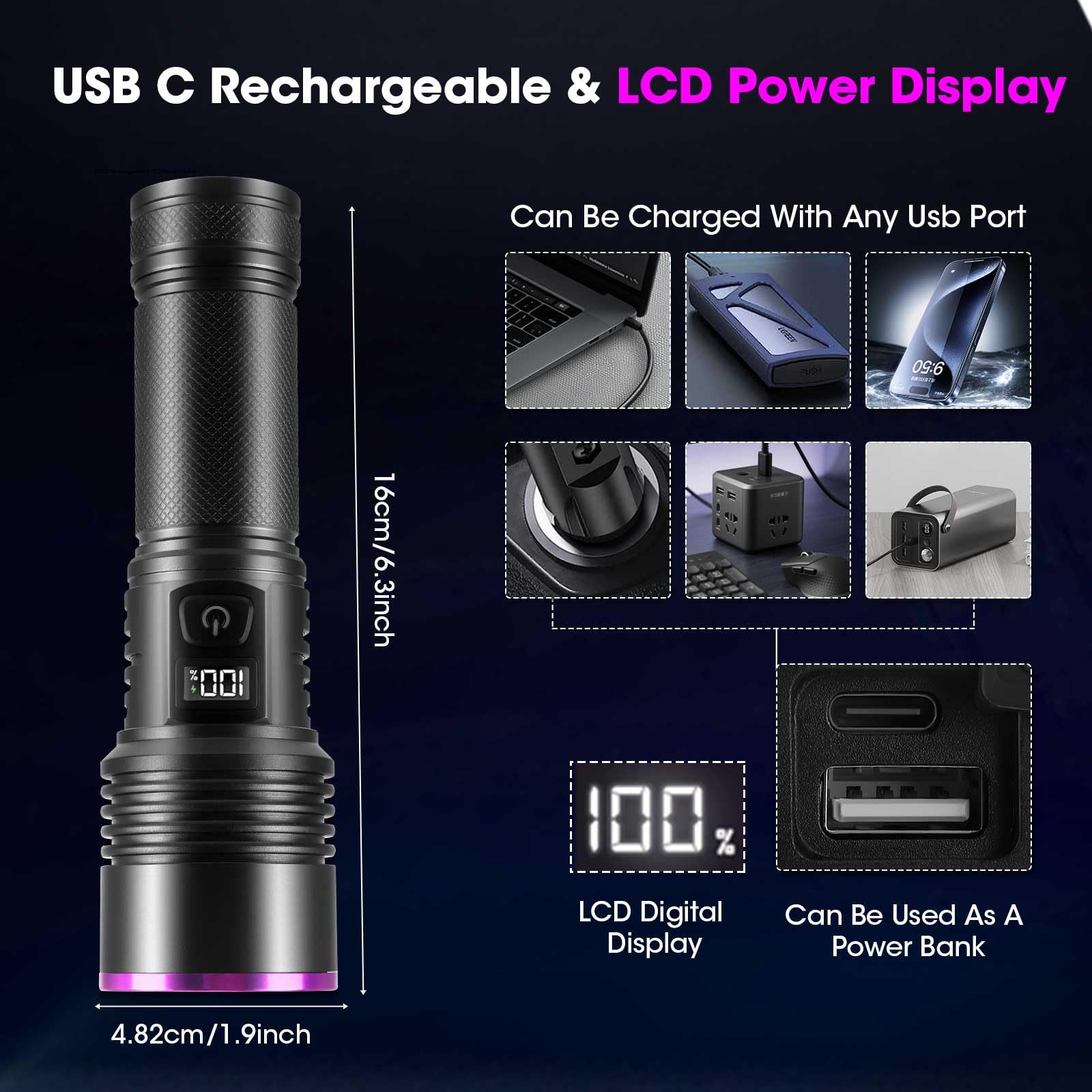 Linterna UV de 20 W, 365 nm de luz negra, linterna con USB recargable, lámpara de luz UV de 7000 mAh para detección de orina de mascotas, búsqueda de ámbar, escorpión, resina, vidrio de