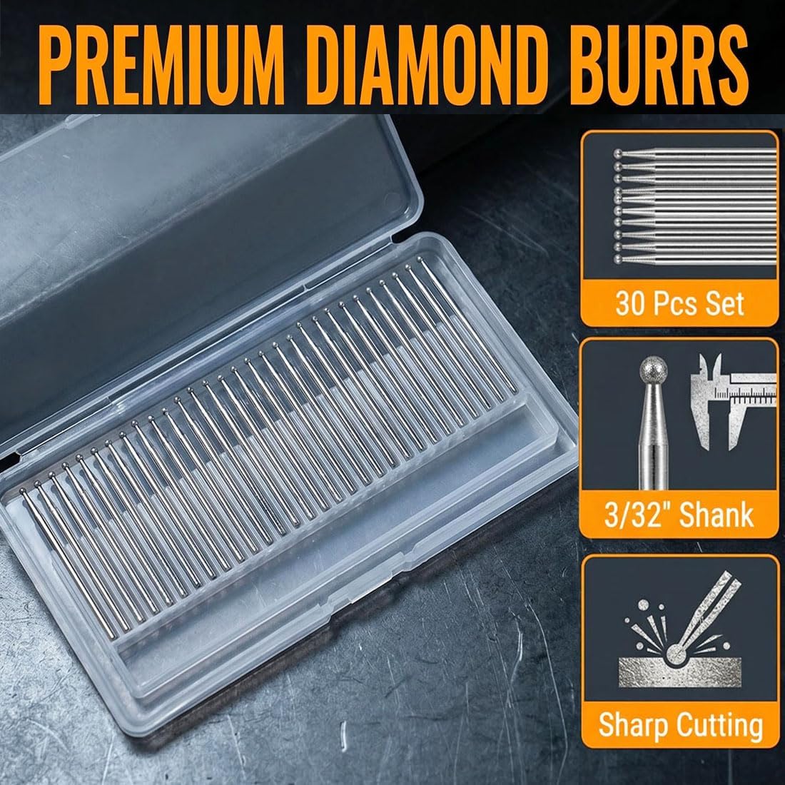 30 Pcs Ball Shape Diamond Burr Set, 3/32'' Shank Diamond Mounted Grinding Bits for Rotary Tools(Size:2mm)