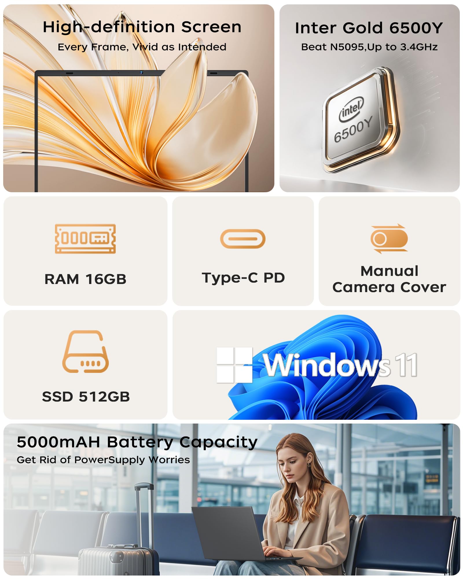 15.6" Laptop Computer, Laptop with 16GB RAM 512B SSD, Gold 6500Y (Up to 3.4GHz), 1080P FHD IPS Display, Type-C, HDMI, USB3.2, WIFI, Bluetooth, Long Battery Life, Laptops for Business & Student