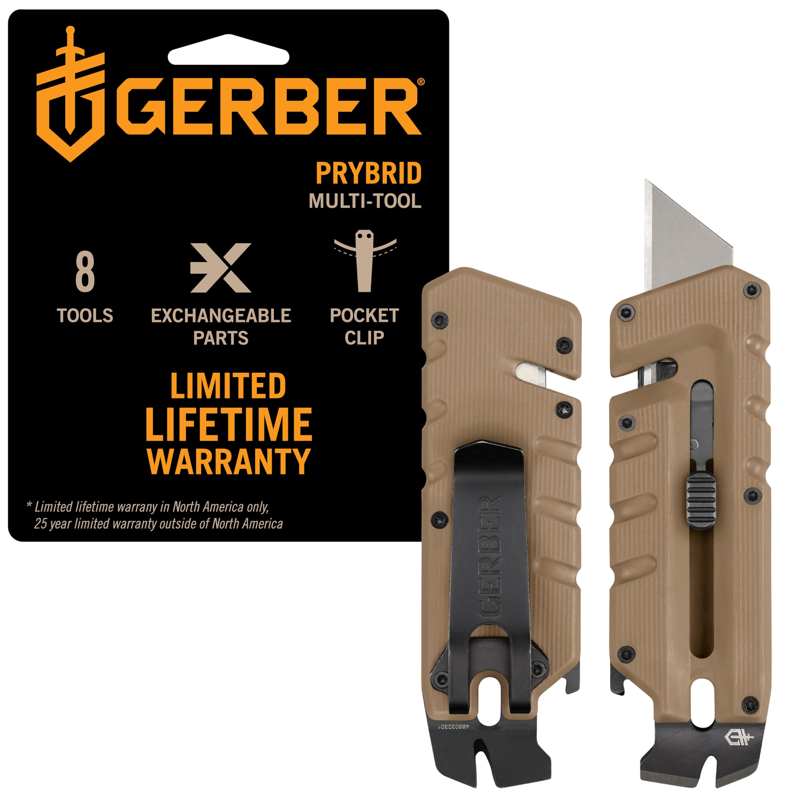 Gerber Prybrid EDC Pocket Knife Multitool 8-in-1 Box Cutter, Coyote Brown