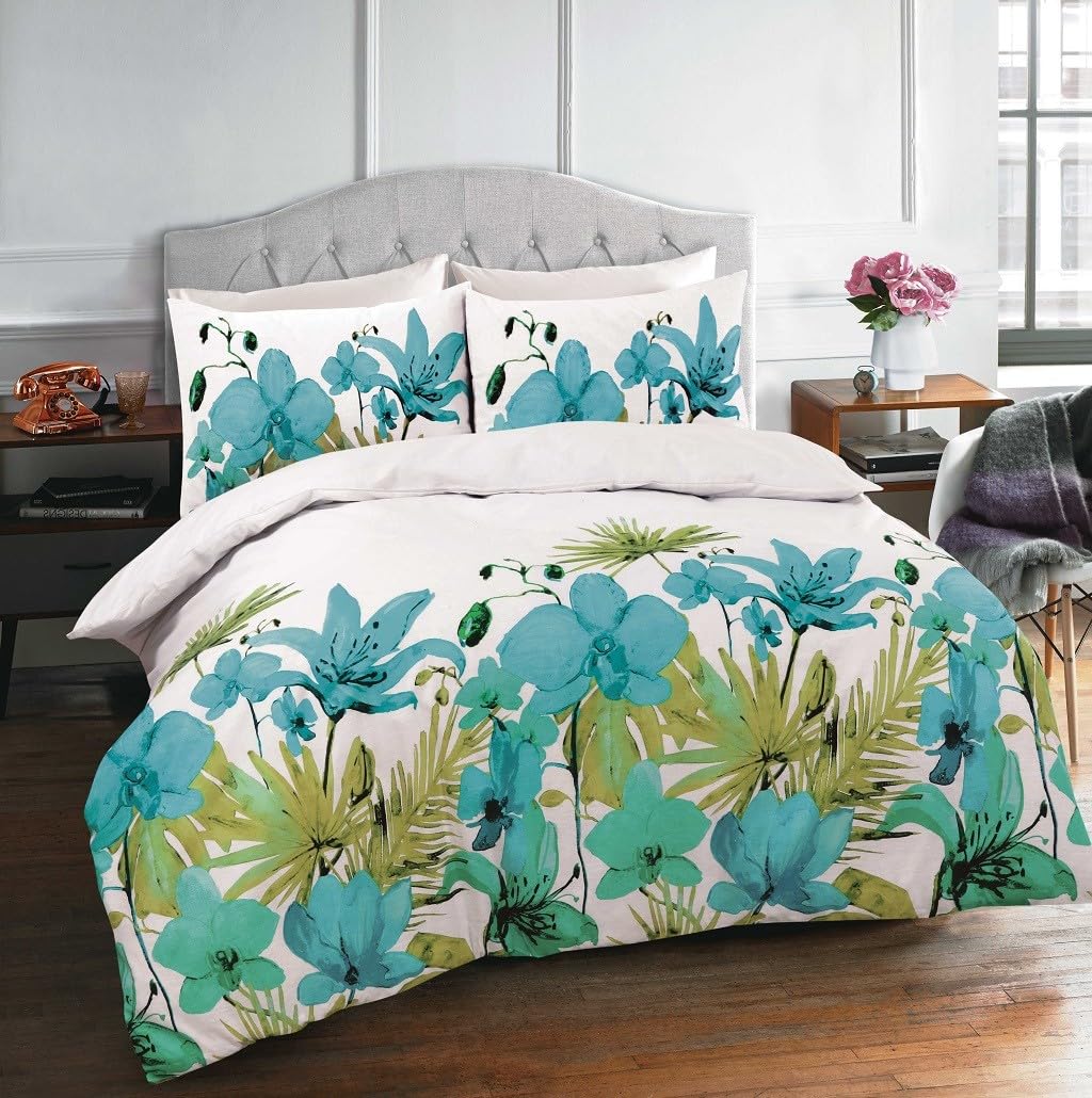 AMBERLINNEN LTD Printed Lily Design Duvet Cover & Pillowcase Cover Bedding Set (Teal, Single)