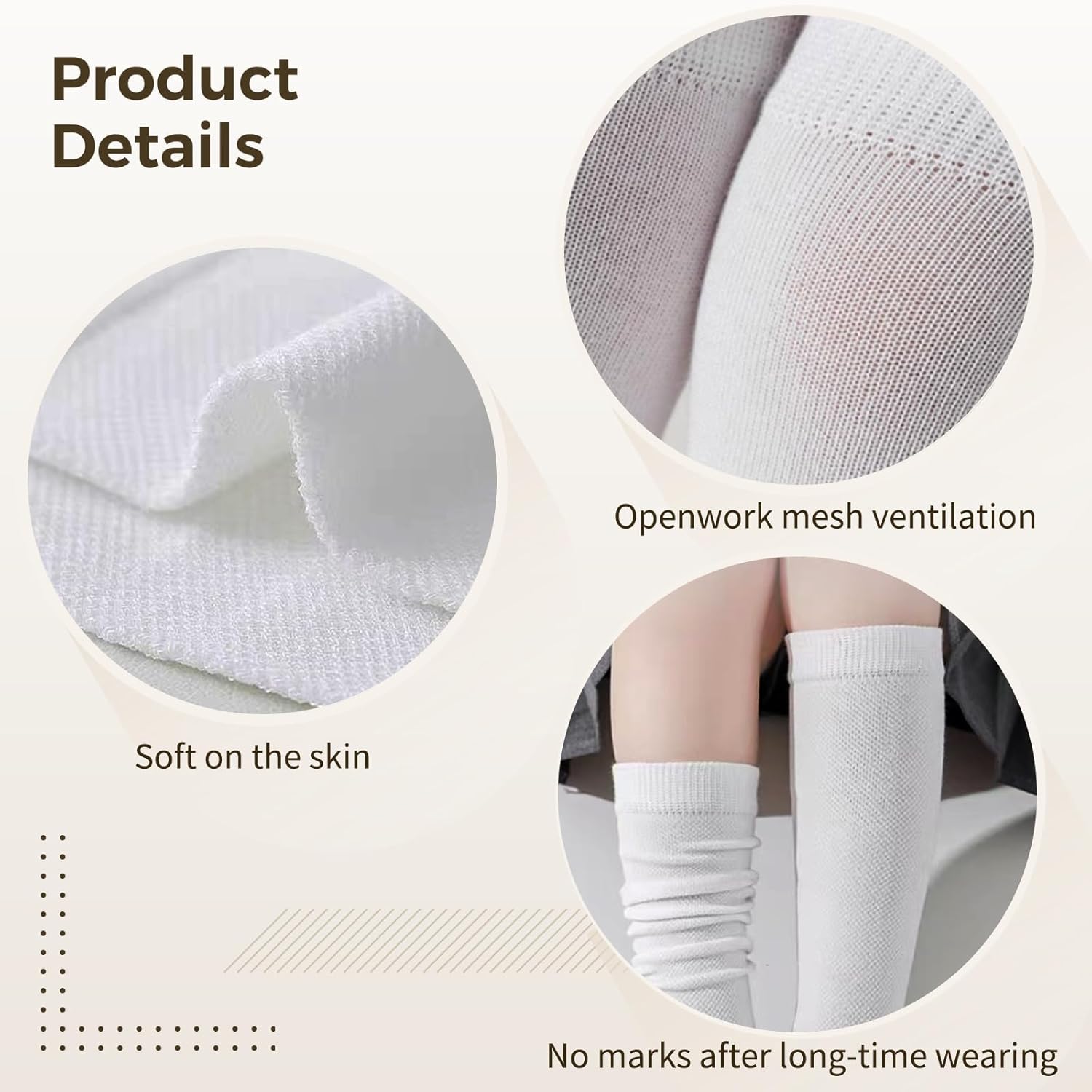 White Knee High Socks, 12 Pairs Cotton Tie Dye, Breathable Mesh Seamless Toe, School Uniform, 7.1-8.7 In Foot Length