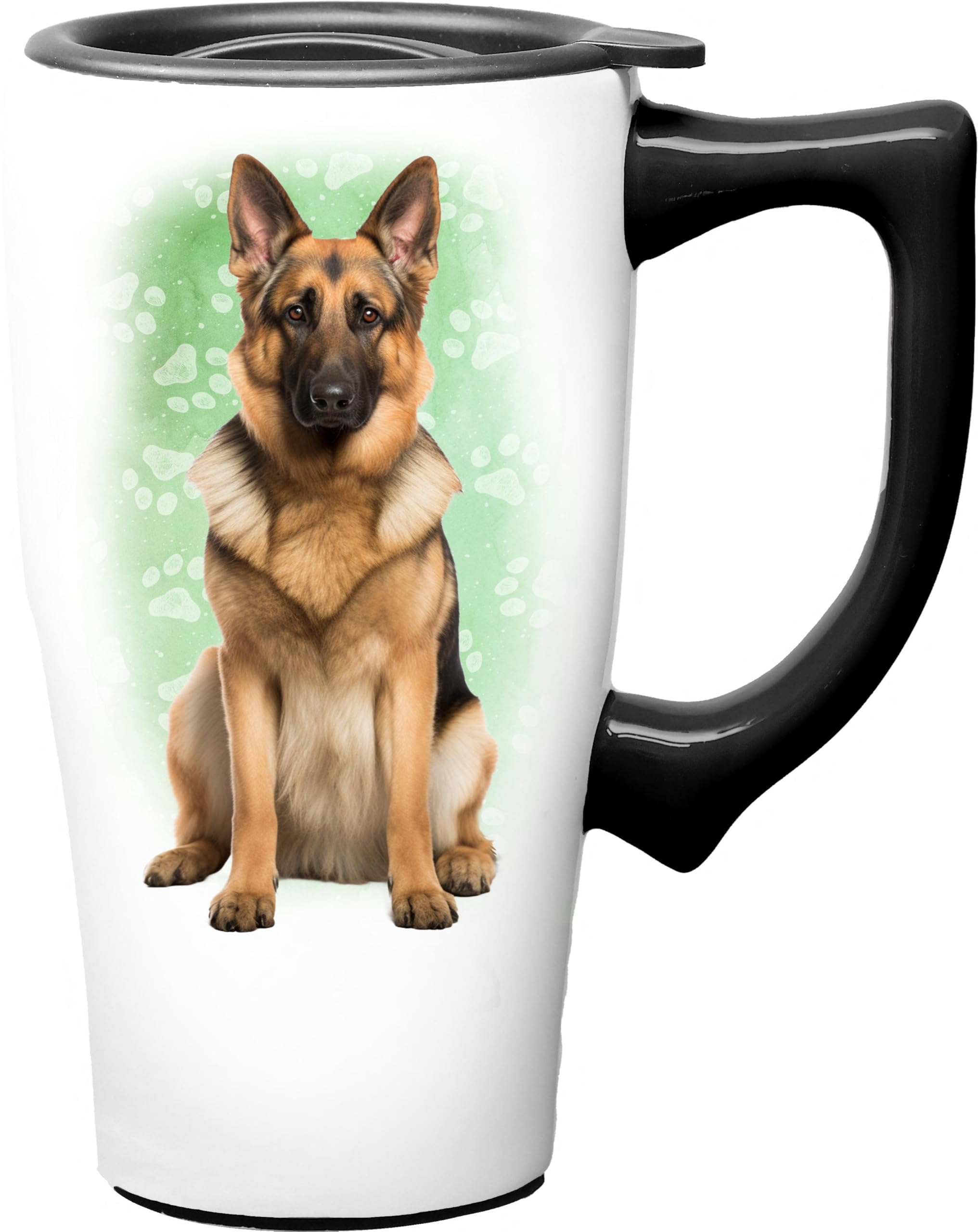 Spoontiques German Shepherd Ceramic Travel Coffee Mug with Lid and Handle - Spill Proof Lid - Double Walled Mug for Hot and Cold Beverages - Microwave and Dishwasher Safe