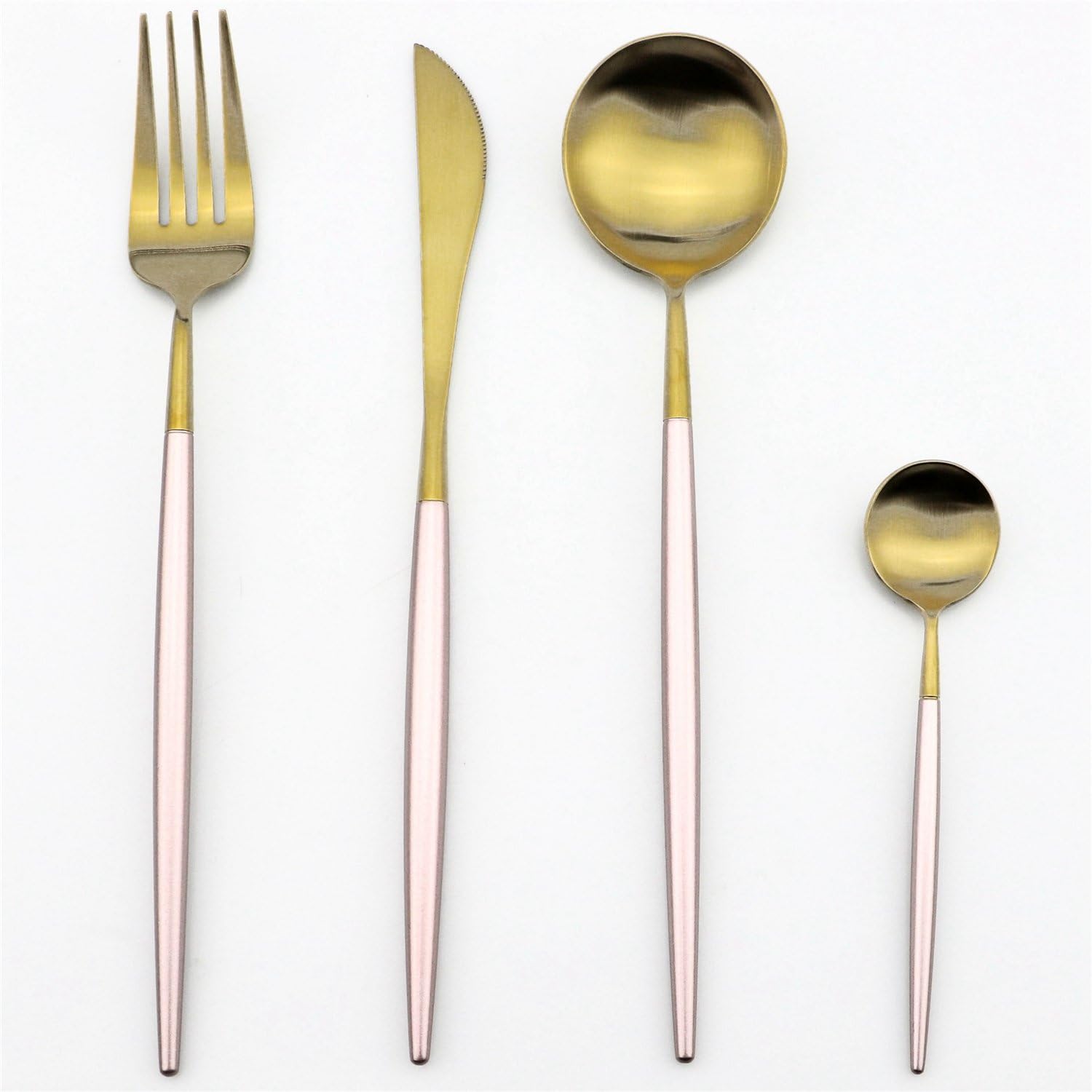 16-Piece Pink+Gold Colorful Flatware Set,Titanium Plated 18/10 Stainless Steel,Include Steak Knife/Fork/Spoon/Teaspoon,Multi-Colors Silverware set Dishwasher Safe Utensils For 4