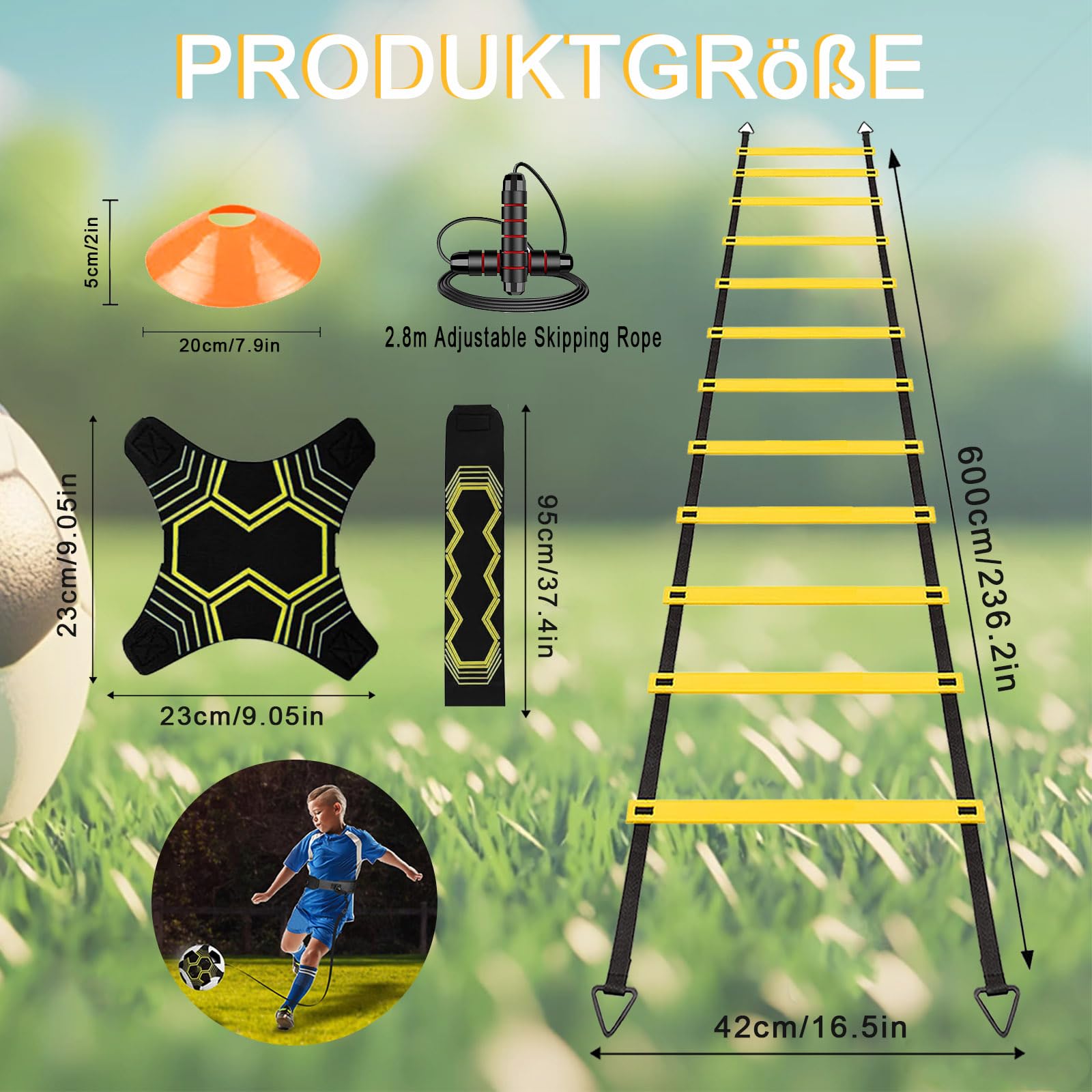 Fussball Trainingszubehör, 6m Koordinationsleiter, 12 Hütchen, Fußballtrainer und Springseil, Fußball Trainingsset Sachen, Fußball Geschenke für Jungs Kinder