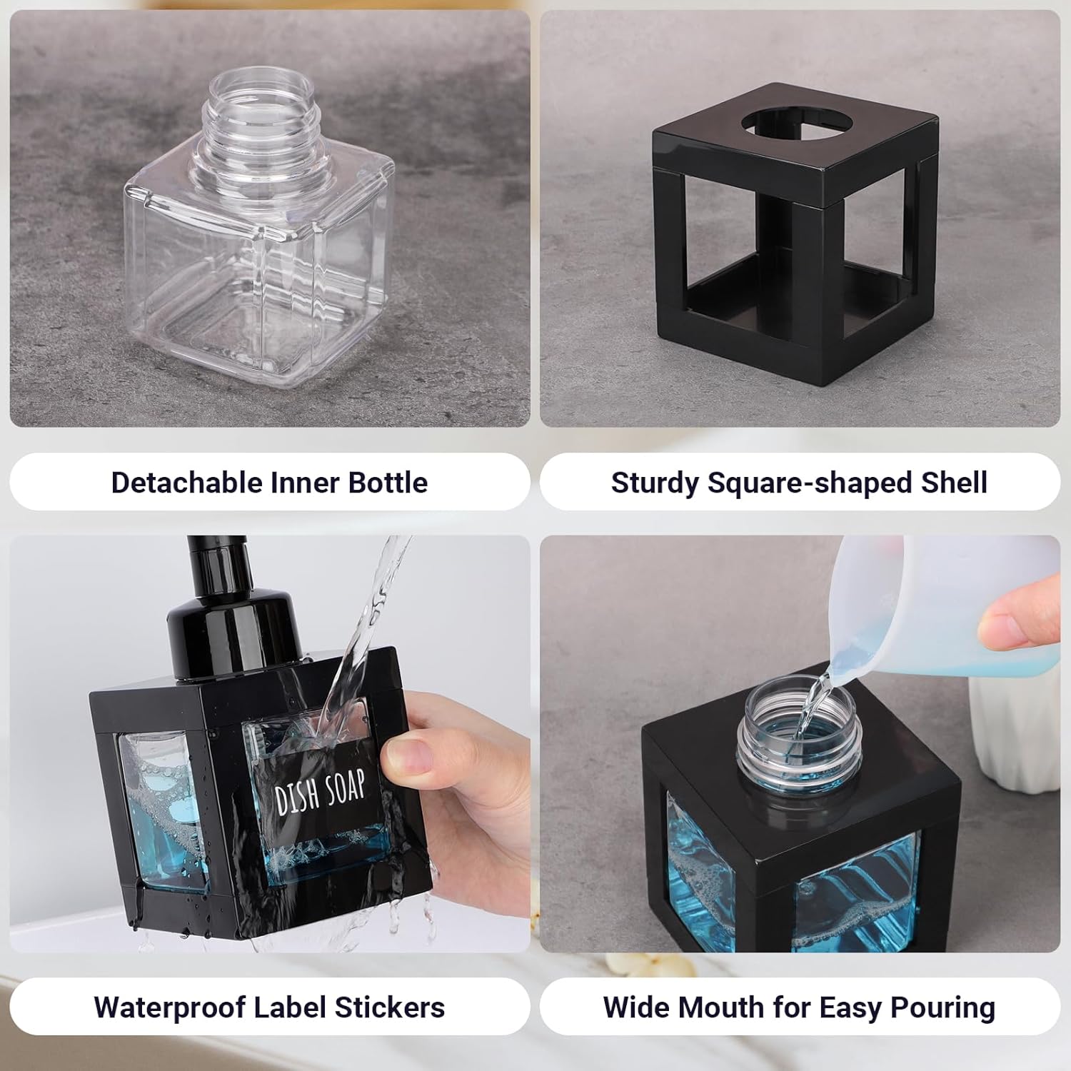 Segbeauty 11.84oz Black Foaming Soap Dispenser for Bathroom, 350ml Plastic Hand Soap Foam Dispenser with Label Stickers, Dish Body Soap Shampoo Bottles Refillable with Pump for Kitchen Sink Shower - Image 4