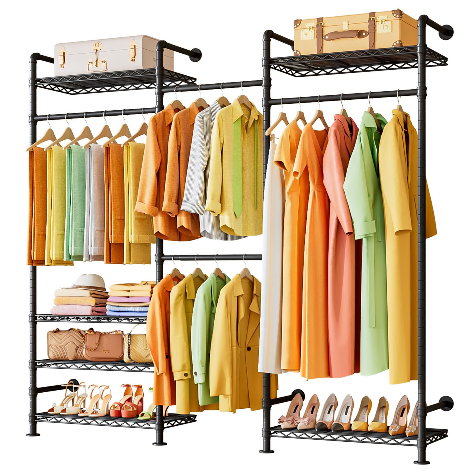 Solerconm Wall Mounted Garment Rack, Heavy Duty Clothes Rack with 2 Expandable Rods, Metal Clothing Rack with 4 Rails and 6 Shelves, Adjustable Clothes Rack (Black, 240 x 30 x 220 cm)