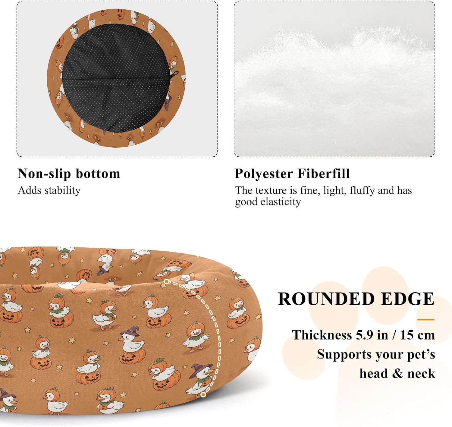 Halloween Duck Pumpkin Orange Pattern Dog Bed Small Medium Dog Bed Washable Donut Cat Beds Cute Pet Puppy Beds for Small Medium Dogs Cats Indoor,M