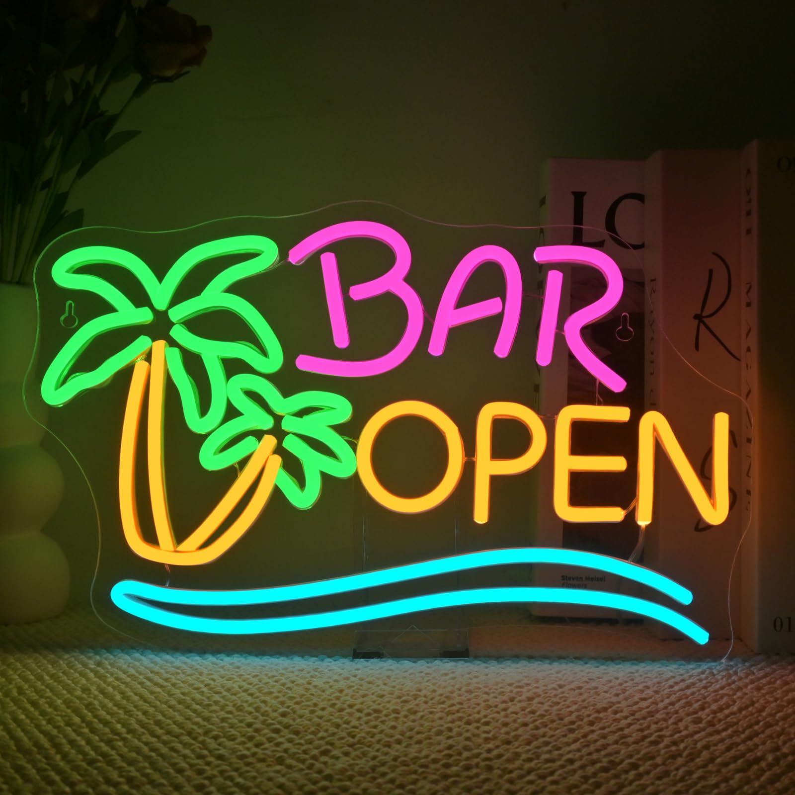 SIGNSHIP Bar Open Palm Tree Neon Light Sign Dimmable for Wall Decoration Neon Sign Open Sign Light