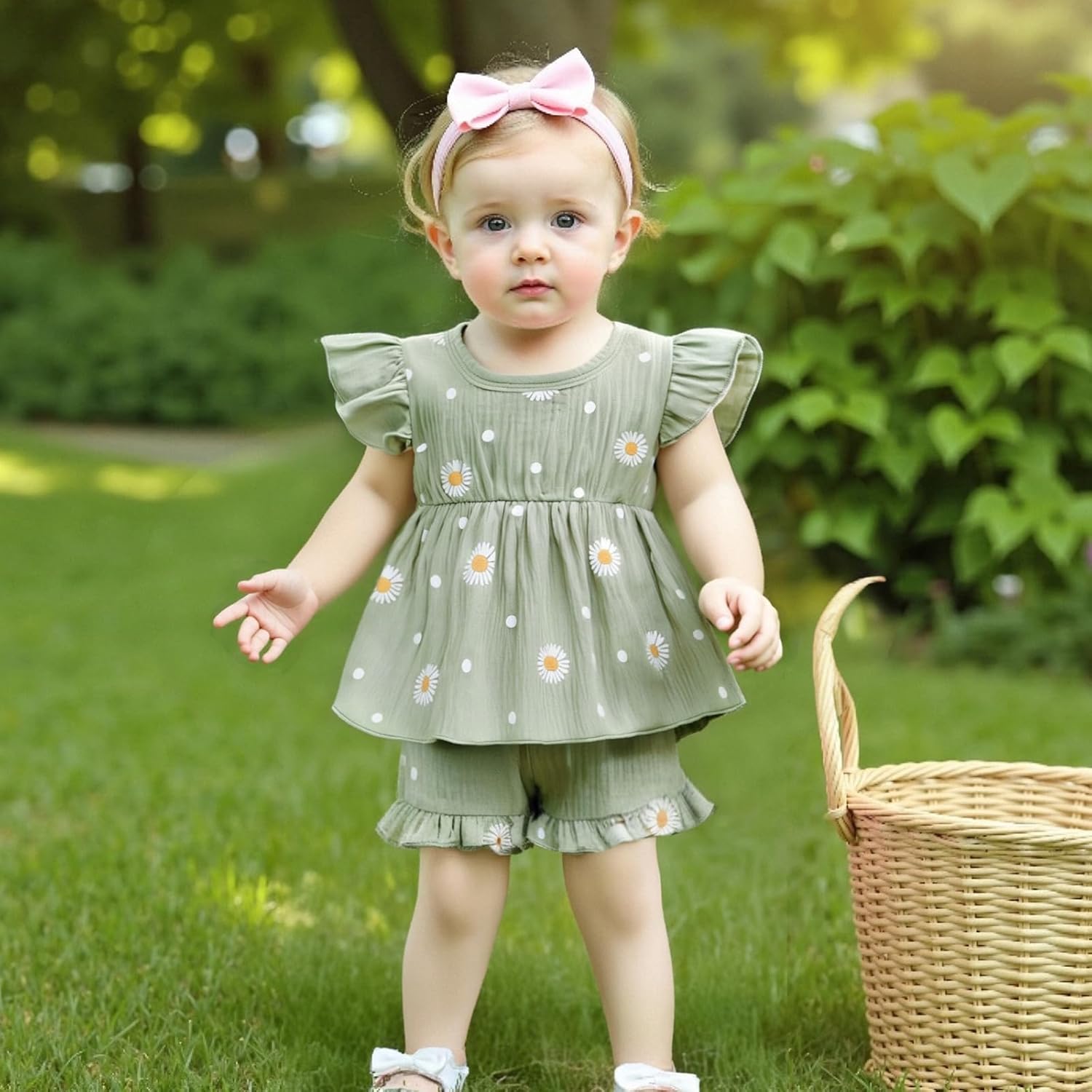 Kaipiclos Infant Baby Girl Clothes Outfits Daisy Print Ruffle Sleeve Shirt Tops Shorts Baby Summer Outfit 3 6 12 18 24 Month - Image 2