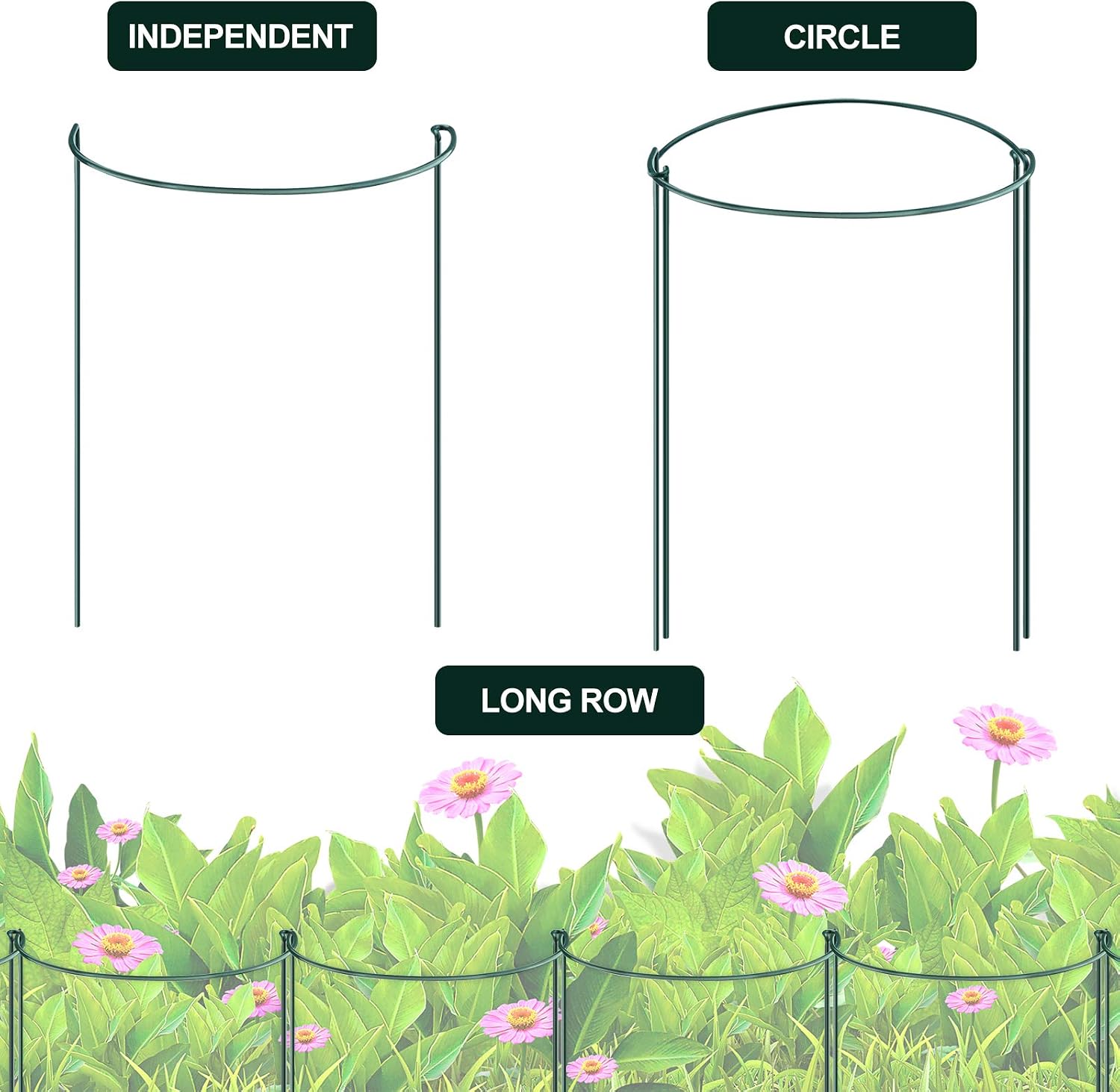 CKE 20 Pack 4mm Plant Support Stakes, Metal Peony Support, Garden Plant Cage Stake Support, Plant Support Ring, Green Half Round Plant Support Ring for Peony, Tomato, Rose, Vine Plant 10" W x 15.8" H