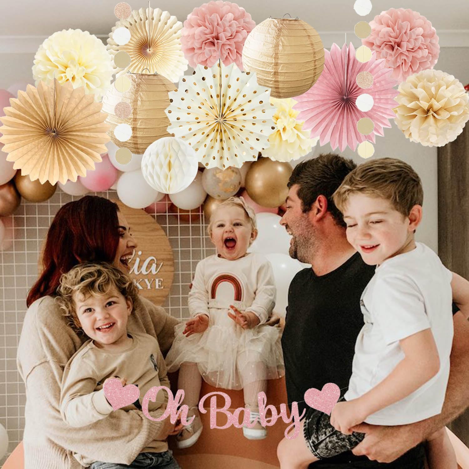 Dusty Pink Boho Baby Shower Party Decorations Champagne Beige Pink Oh Baby Banner Neutral Paper Lanterns Tissue Pom Poms Tassel Garlands for Blush Beige Boho Girl Sweet Rustic Baby Shower Decor