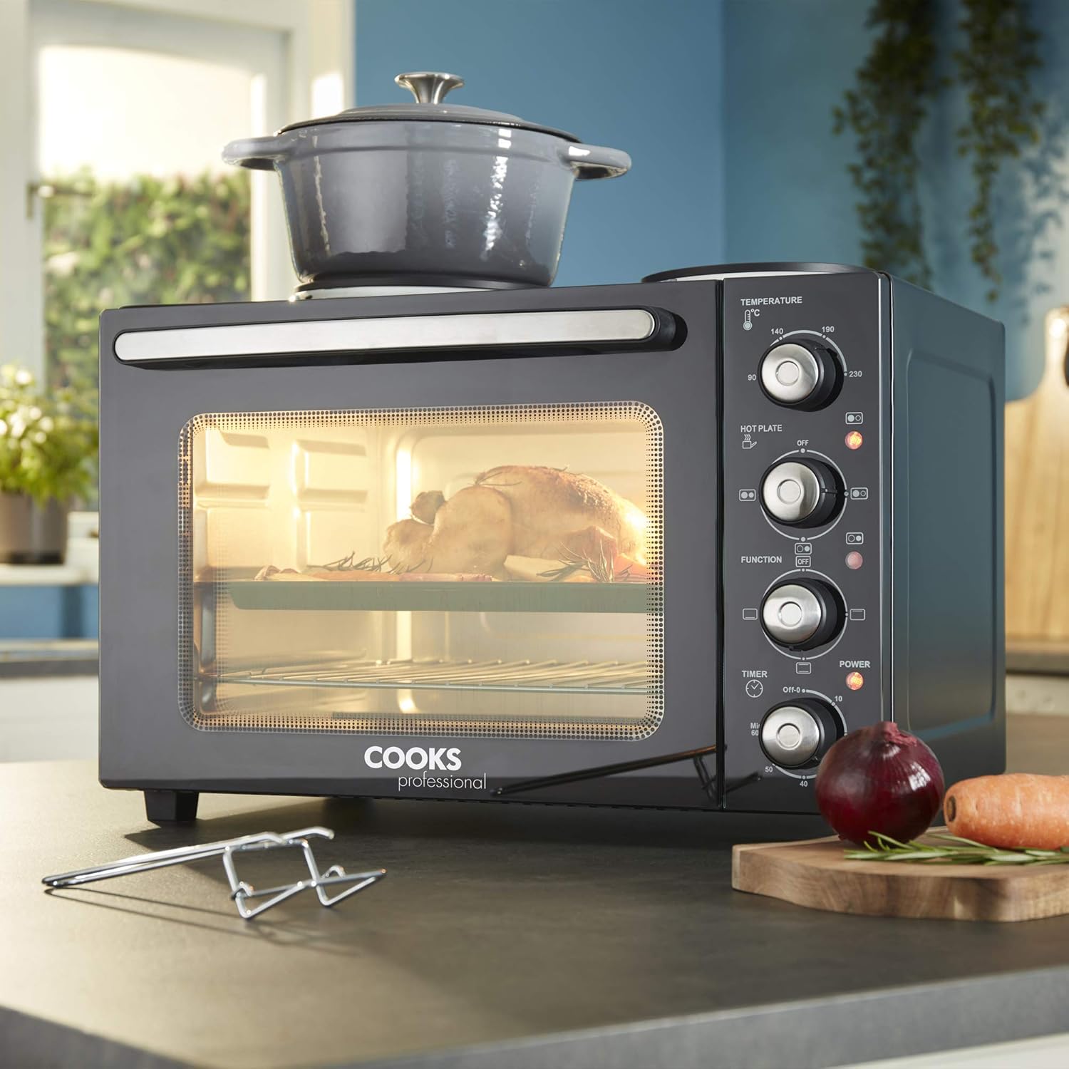 Cooks Professional Mini Oven with Hobs | Energy Efficient Electric Countertop Cooker with Two Hot Plate Hobs & Wire Rack Baking Tray | Kitchen Table Top Grill Ovens | 34L Capacity - Image 2