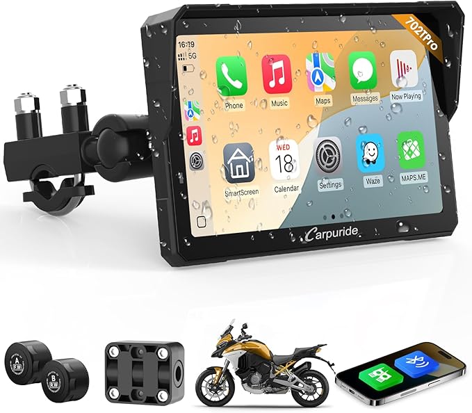 Carpuride W702T Pro Moto Carplay Schermo con TPMS Sistema, Senza Fili CarPlay e Android Auto, Portatile 7" Impermeabile Tattile Schermo, Doppio Bluetooth, Interfono Funzione, Navi, Bussola, Barometro.