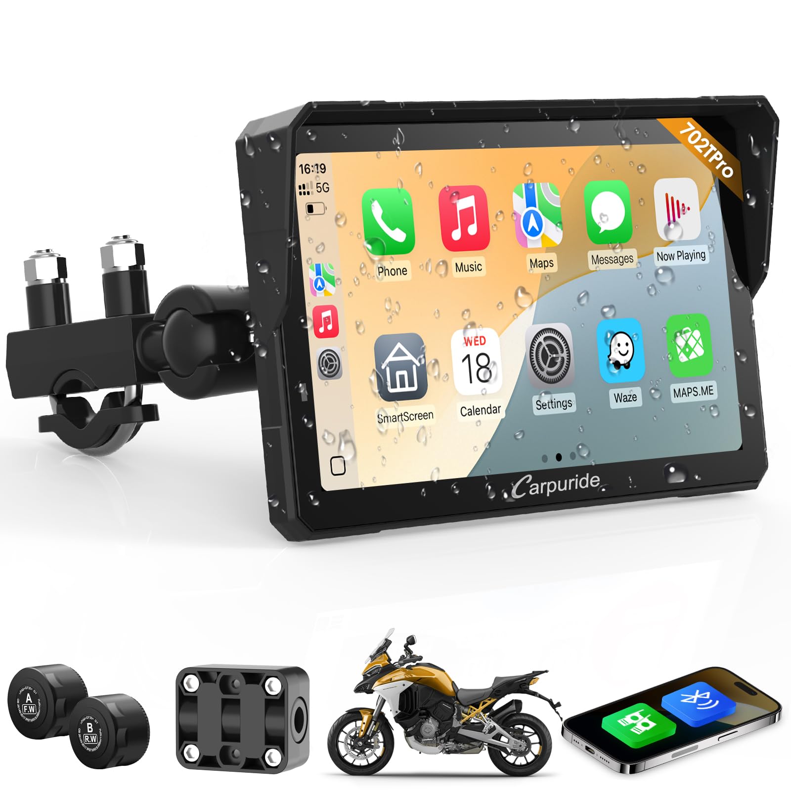Carpuride W702T Pro Motorrad Carplay Bildschirm mit TPMS System, Kabellos CarPlay & Android Auto, Tragbar 7