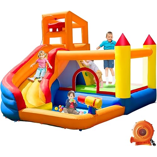 HuaKastro Bounce House for Kids 3-8 with Slide and Ballpit for Indoor Outdoor Play, 5 in 1 Backyard Jumping Castle W/Climbing Wall, (Water) Slide, Pool & Water Cannon for Kids Parties - with Blower
