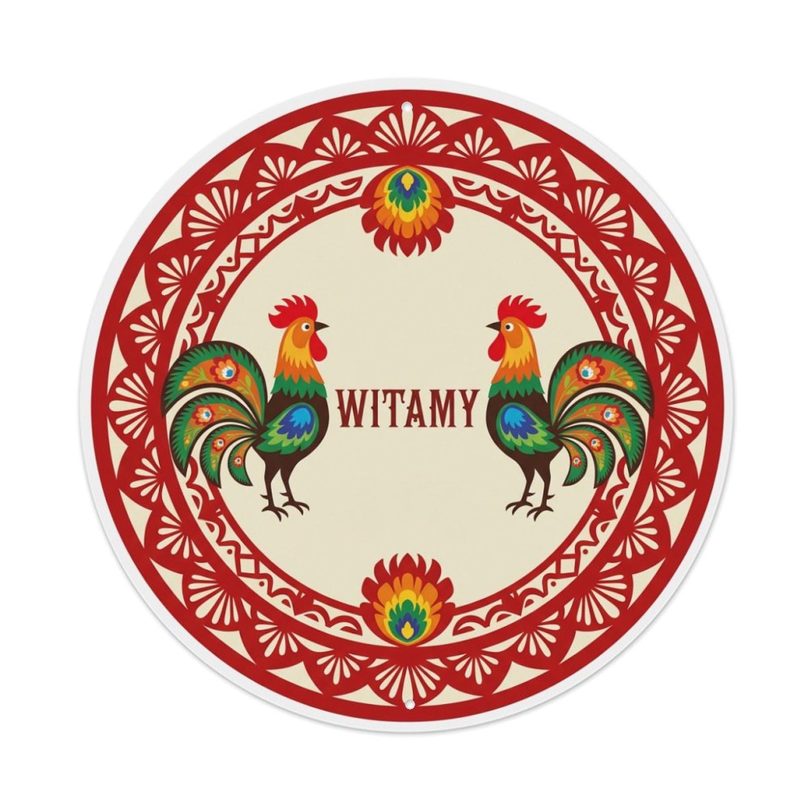 Fyrn Style Metal Tin Sign Vintage Polish Folk Art Witamy Welcome Rooster Dawn