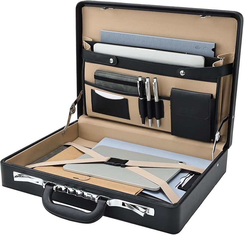 Maletines para hombres Estuche de transporte Estuche adjunto para documentos para computadora portátil de 16 pulgadas Organizador de archivos múltiples de cuero sintético impermeable con cerradura antirrobo Estuche de negocios profesional para viajes de oficina de trabajo, negro