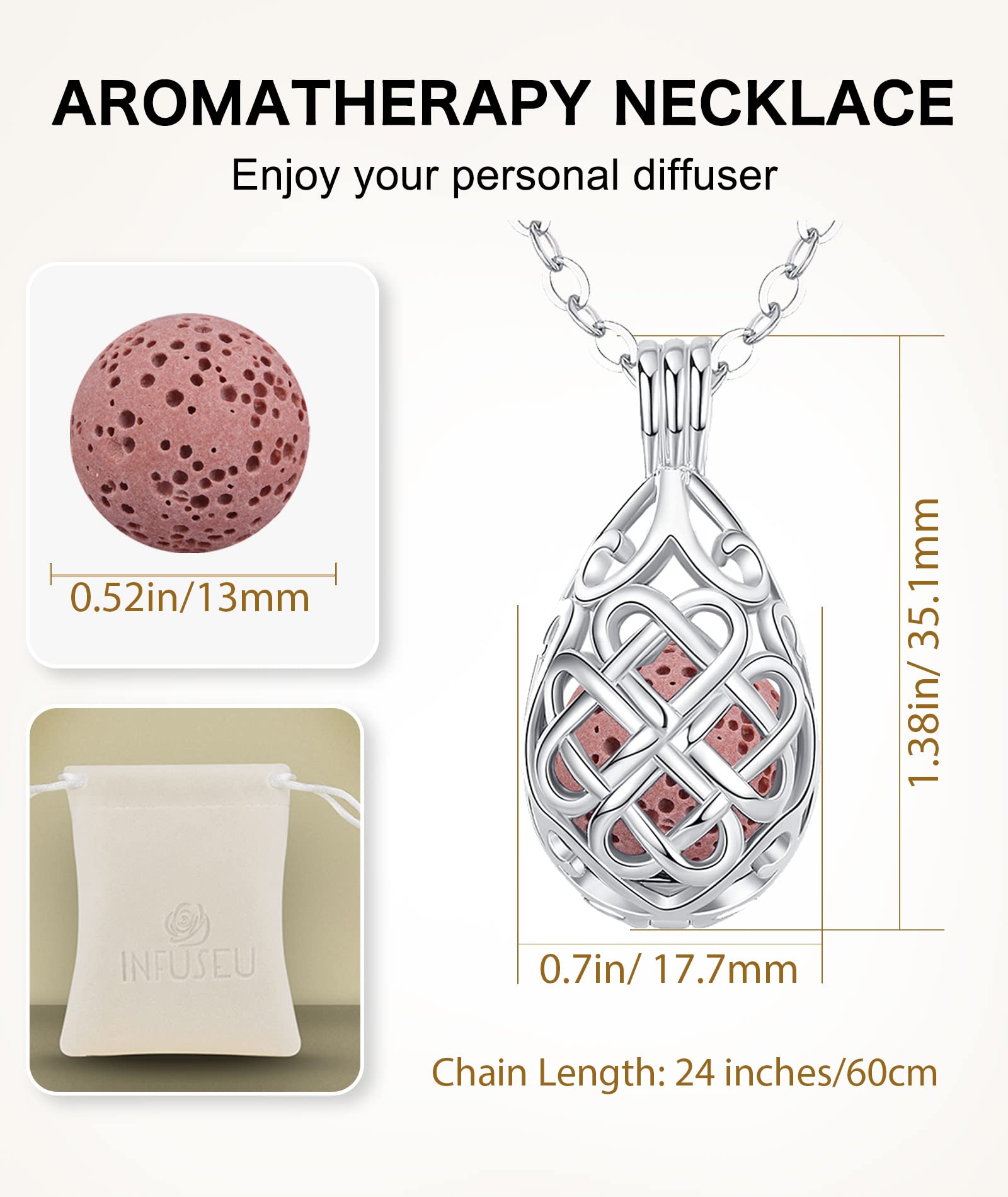 INFUSEU, collana con diffusore di oli essenziali con nodo celtico irlandese, per donne e ragazze, pietra lavica e pietre di roccia, set di gioielli per aromaterapia Small Argento