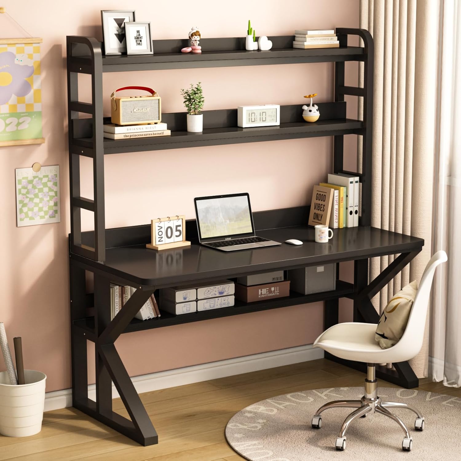 Computer Desk with Storage Shelves and Bookshelf