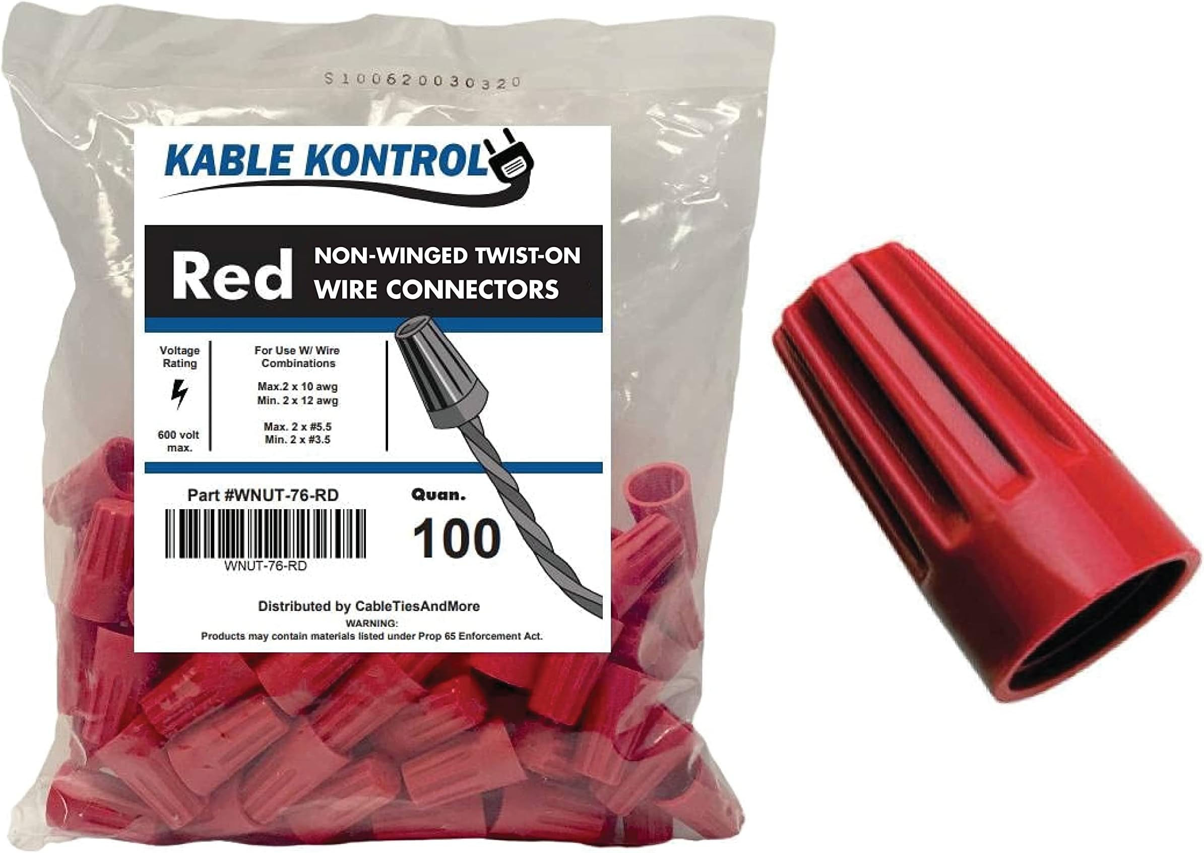 Kable Kontrol Wire Nuts – Max. 2 x 10 AWG - Min. 2 x 12 AWG – Red – 100pcs/pack – Non-Winged – Rated at 600 Volt Max - Twist on Wire Nut Connectors - Electrical Twist Caps
