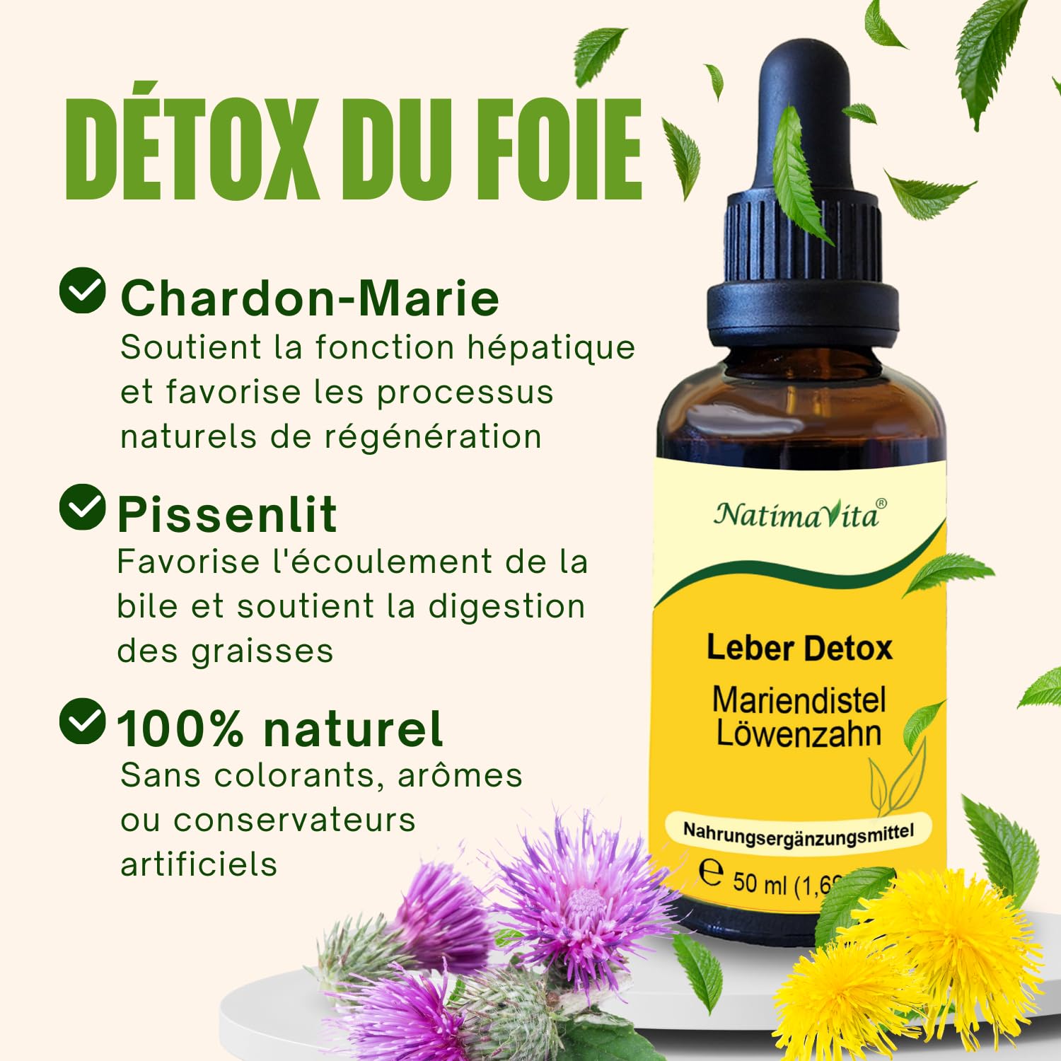 Détox du foie Chardon-Marie et Pissenlit – 2 x 50 ml – Détoxifiant et régénérant pour le foie, la vésicule biliaire et le système digestif – 100% naturel - NatimaVita