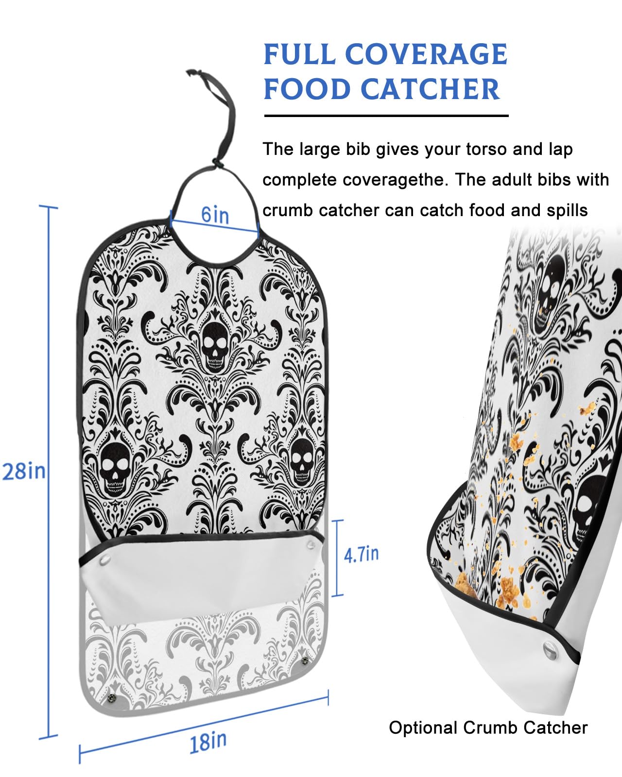 Halloween Adult Bibs for Eating, Waterproof Bibs with Food Catcher & Adjustable Snap Closure, Black Skull Modern Abstract Art White Washable Clothing Protectors Adult Bibs for Elderly Women/Men