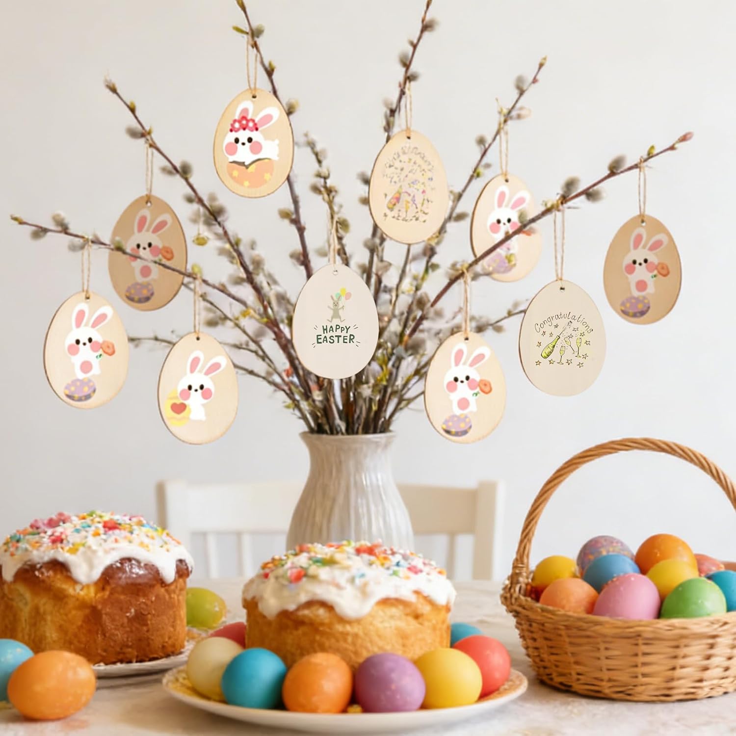 Pack of 24 Easter Eggs for Painting, Wooden Eggs for Painting with 10 Strings, Easter Eggs Wood for Hanging, Easter Crafts Children for Hanging, Easter Decoration, Wood, Hole Wooden Pendant for