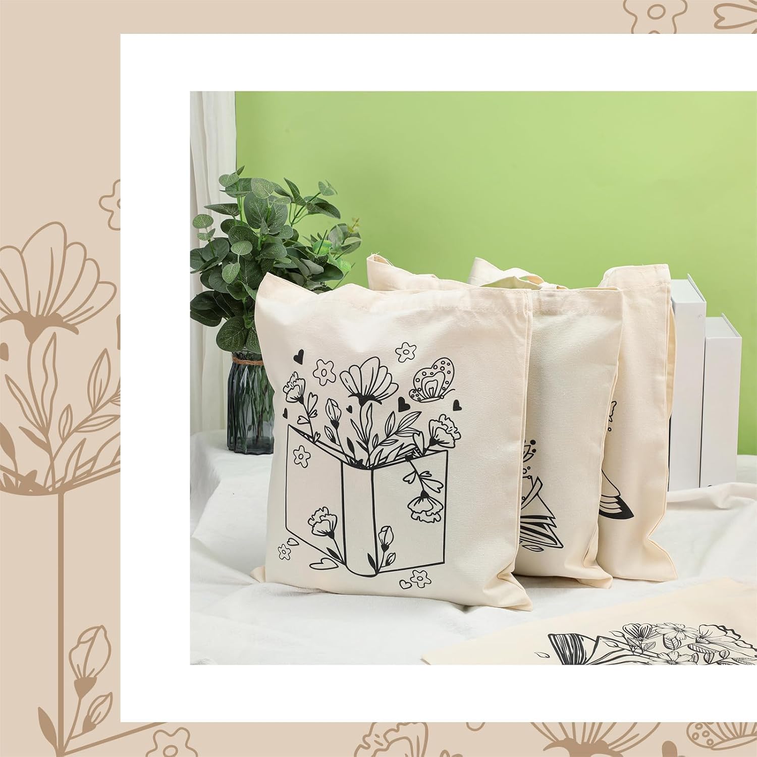 Oudain 4 Pcs Canvas Tote Bag for Women Floral Black Cat Canvas Tote Aesthetic Reusable Grocery Bags Cute Gifts for Cat Lover