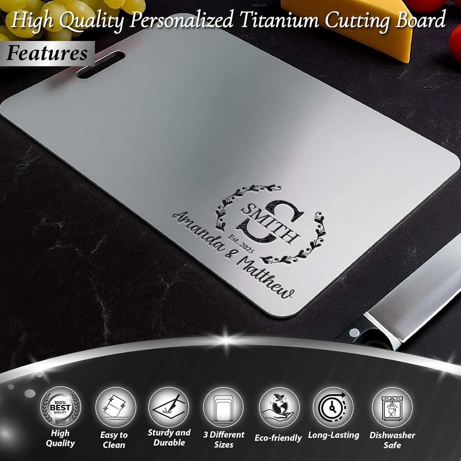 Personalized Titanium Cutting Board for Kitchen, 100% Pure Titanium and Stainless Steel, Double-Sided Cutting Boards, Custom Engraved Gift for Valentine's Day, Housewarming, Wedding, Anniversary
