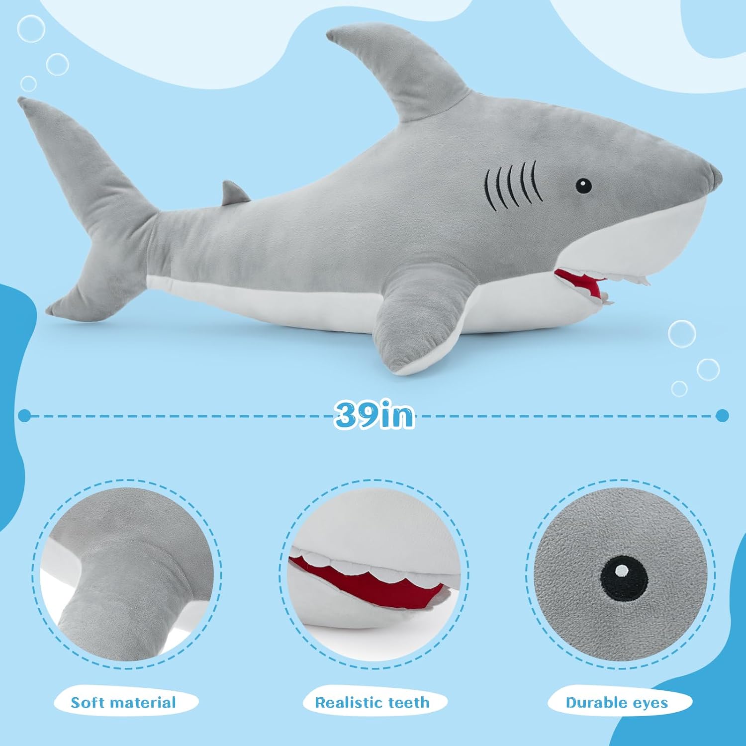 MorisMos 39inch Giant Shark Stuffed Animal, Large Stuffed Shark Plush Toys Pillow Gift for Kids Girlfriend, Gray - Image 4