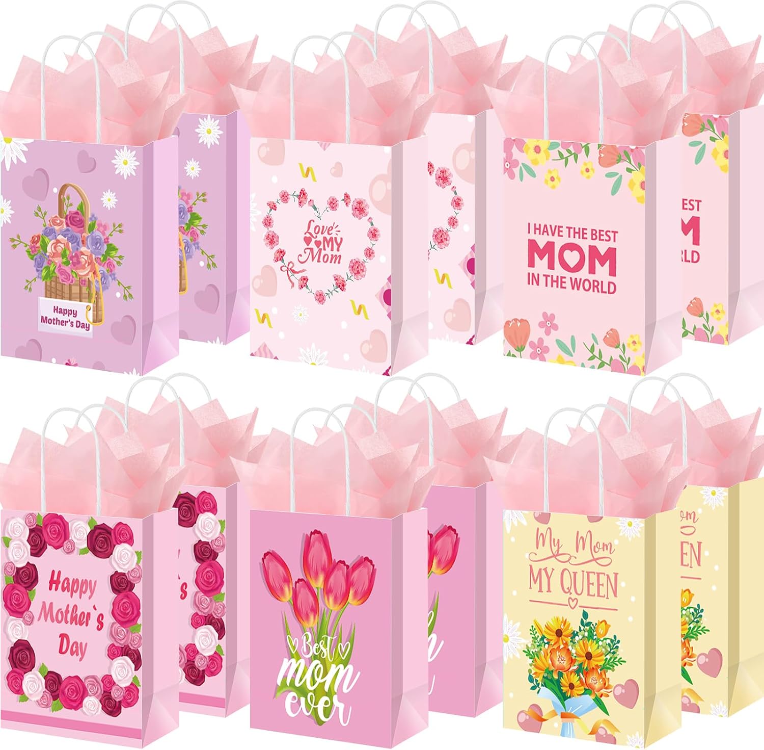 Kolldenn 100 Pcs Mother's Day Paper Bags with Handles Pink Floral Gift Party Favor Bags with Tissue Paper for Nana, Best Mom Grandma, New Mothers Family Wrapping Decorations Supplies