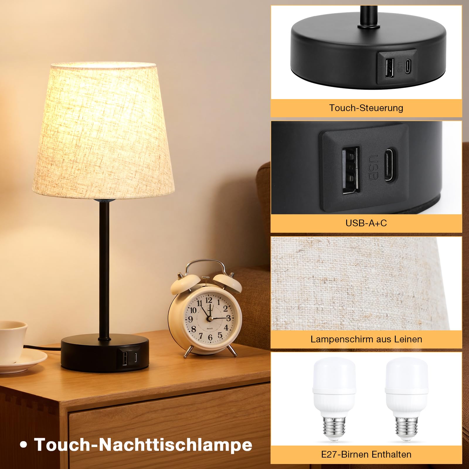 Nachttischlampe Touch Dimmbar 2er Set, Tischlampe mit Ladefunktion USB A+C-Anschlüssen 2 LED Birnen, Leinen-Lampenschirm, Kleine Lampe für Schlafzimmer Wohnzimmer Babyzimmer Büro