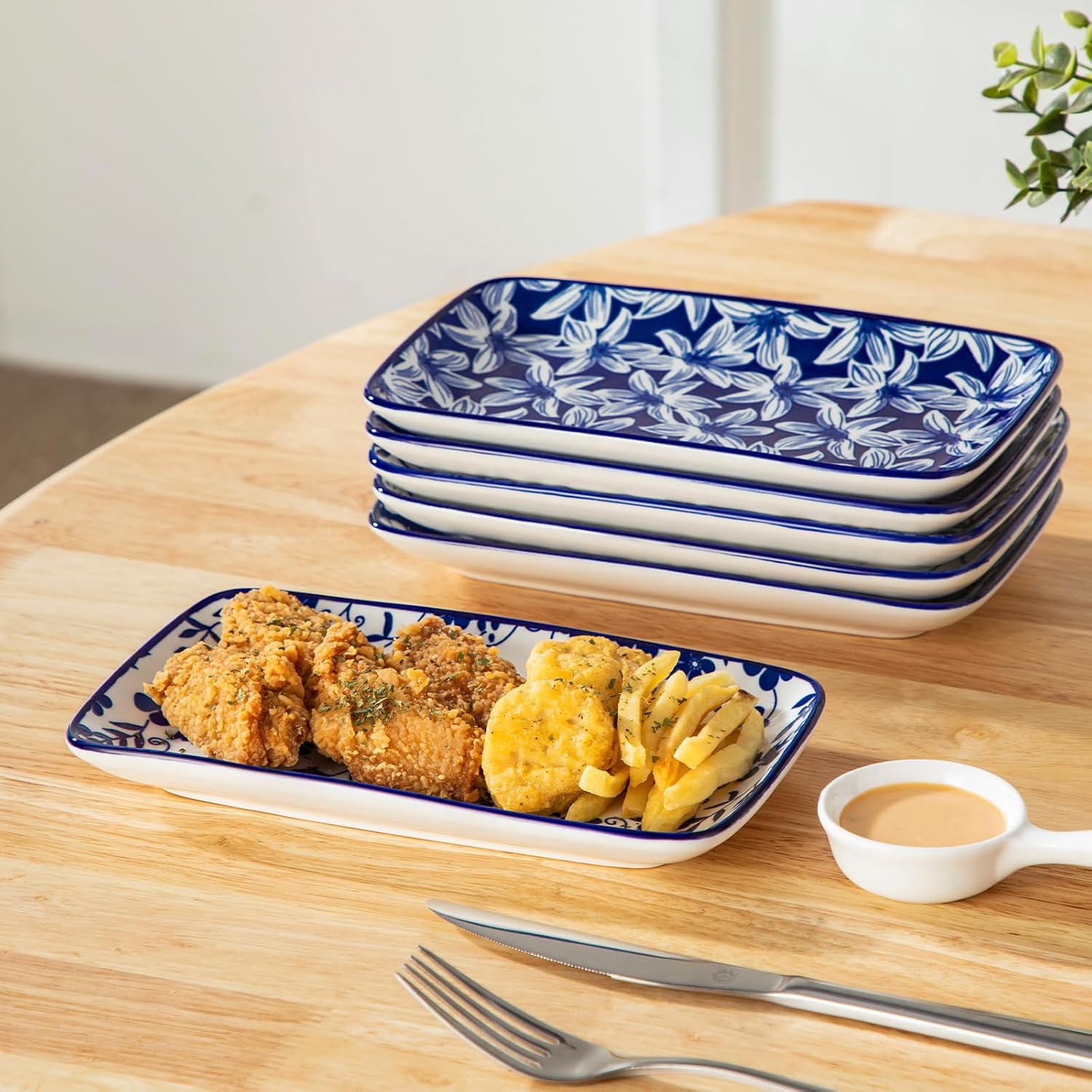 vancasso Selene 8.5 Inch Rectangular Salad Plates Set of 6, Ceramic Salad Plates for Sushi, Dessert, Appetizer, Porcelain Platters for Kitchen Decor, Microwave & Oven Safe, Vintage Blue & White Color - Image 6