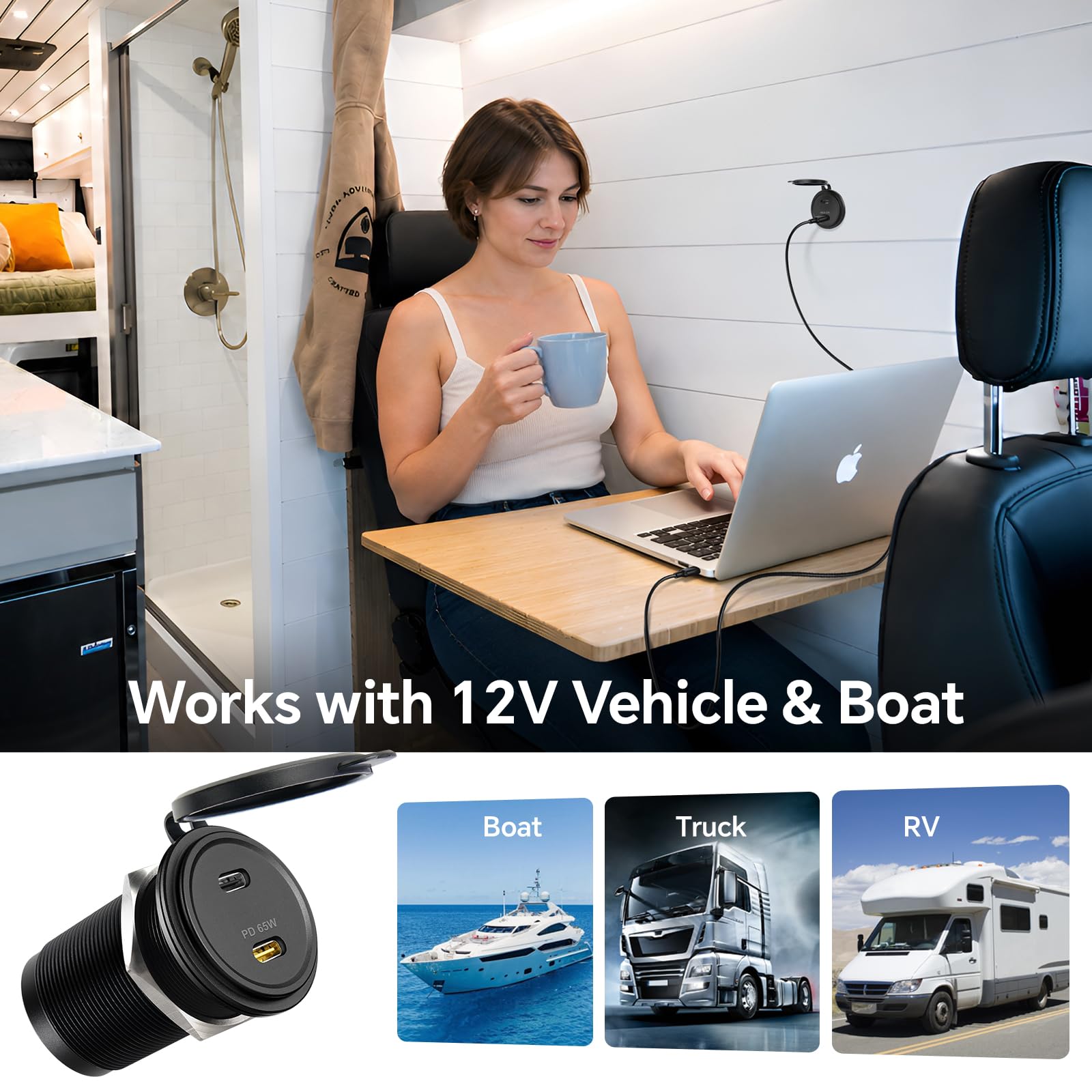 Toma USB 12V 65W PD y 20W PD, Aluminio USB C Cargador de Coche Camper, para Portátiles Autocaravana Caravana Barco Camión (2 Pcs)