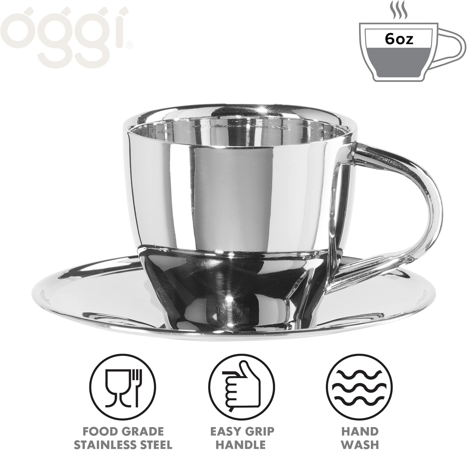 Oggi Insulated Coffee Cups 6oz - Saucer Included - Dual Wall Stainless Steel Technology Coffee or Tea Cup with Elegant Mirror Finish