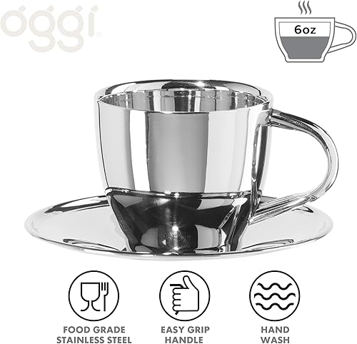 Miniatura 2 de Oggi Tazas de café aisladas de 6 onzas  Platillo incluido  Taza de café o té con tecnología de acero inoxidable de doble pared con elegante acabado