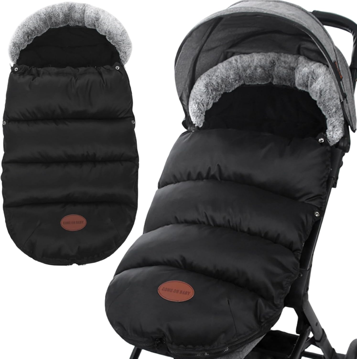 Stroller Footmuff Thickened Fleece-Lined Warm Stroller Cover for Winter with Furs Collar & Zipper Waterproof Bunting Bag 35x14 Inch