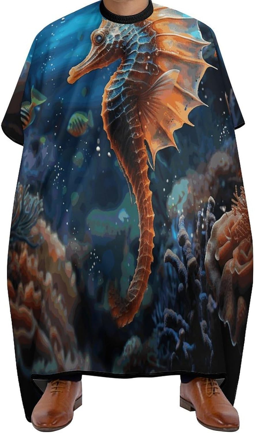 Ocean Seahorse Apron for Women Men,Barber Cape with Adjustable Snap Closure,Hair Cutting Cape,66.9 X 56.7 Inches for Hair Dye, Comb-out, Styling, Shampoo