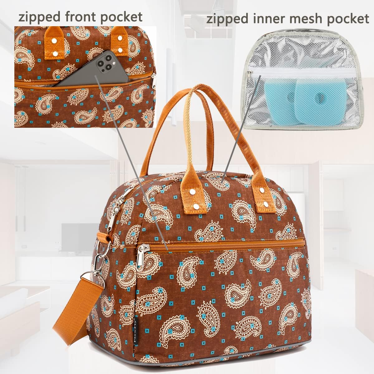 FlowFly Insulated Lunch Bag With Shoulder Strap for Women, Men, and Kids, Large and Reusable, Handle, Freezable Work and School Travel Tote and Meal Prep Organizer,Cashew image 4