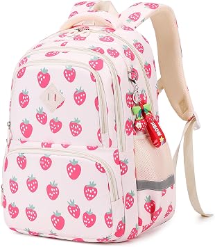 MUSEVOS Kids Backpack, Kawaii Printed Girls Bookbags for Elementary, Lightweight School Backpack for Kindergarten, Water Resistant Teen Backpacks, White/Strawberries