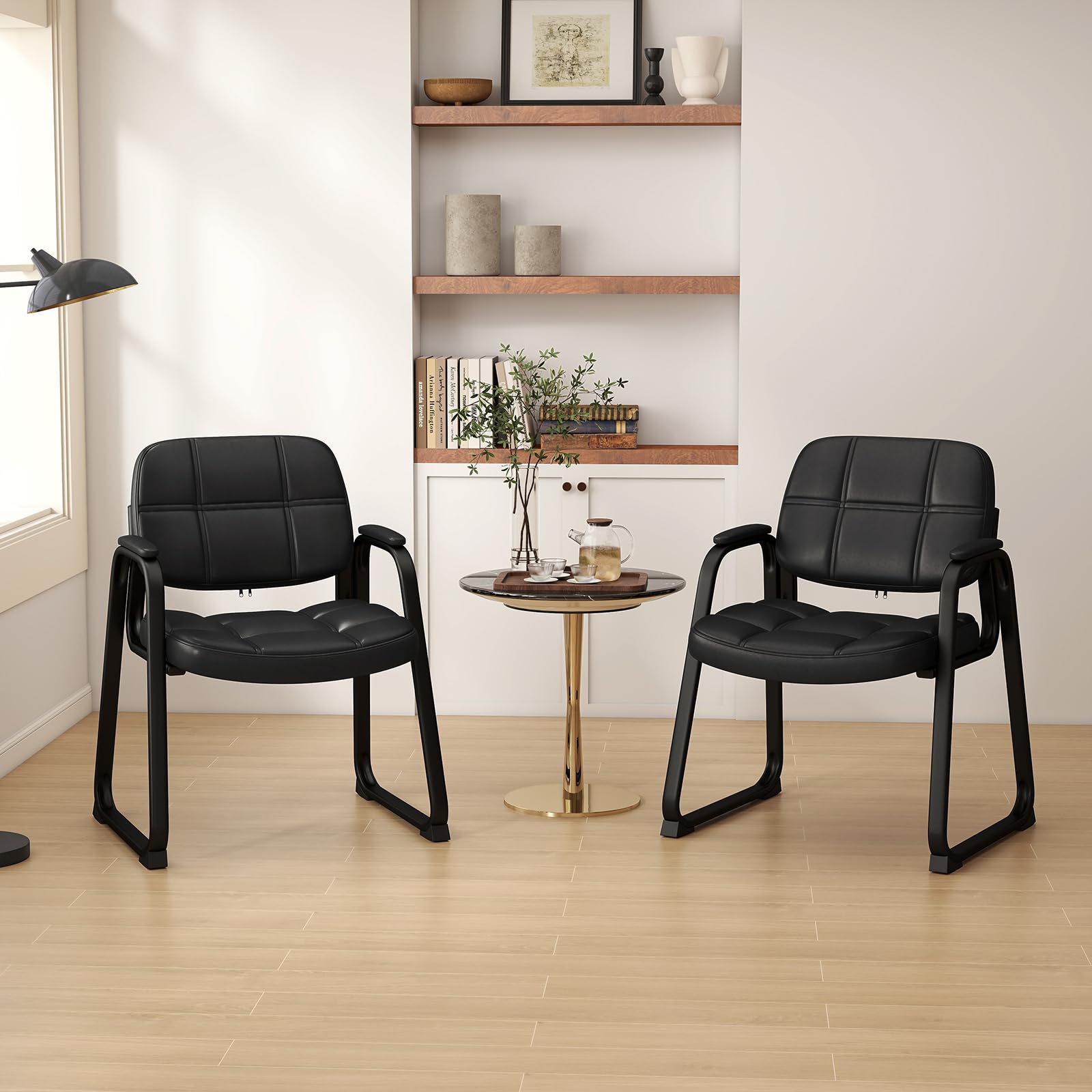 COSTWAY Set di 2 Sedie da Ufficio, Sedia per Sala d'Attesa con Struttura in Metallo, Braccioli Imbottiti, Sedia da Ospiti per Ufficio Riunioni, Portata 120 kg, Nero