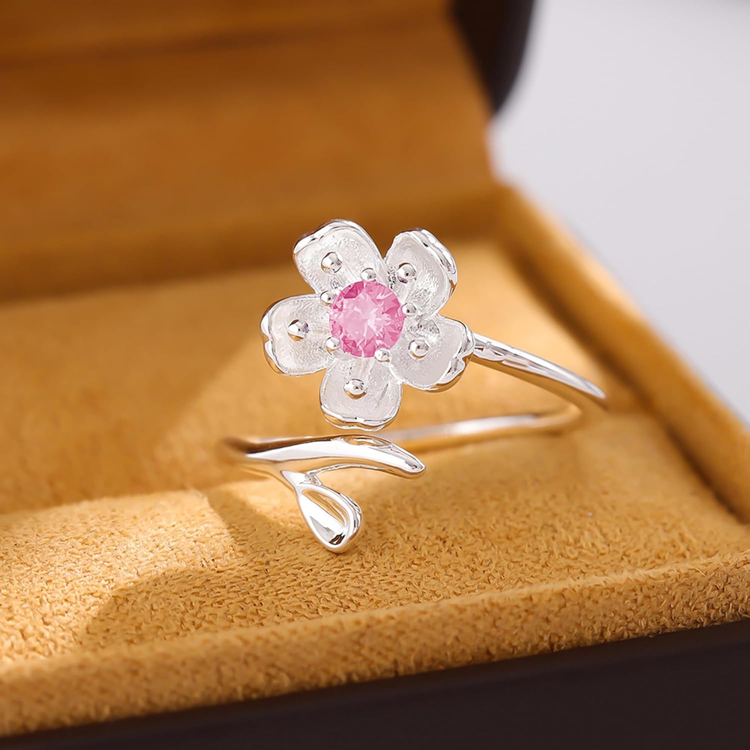 SUYACS S925 Sterling Silver Cherry Blossom Flower Rings for Women Lucky Pink Birthstone Leaf Adjustable Ring Cute Sweet CZ Crystal Open Engagement Statement Promise Ring Birthday Jewelry for Her - Image 6