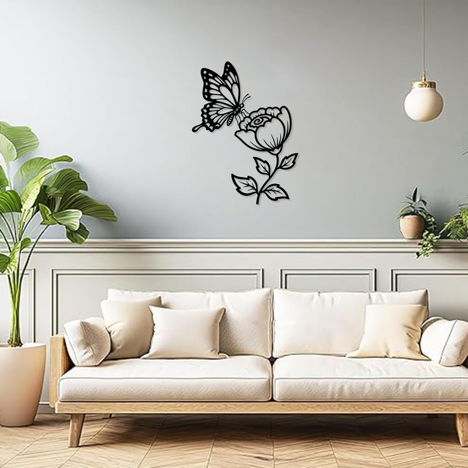 Dekoracja ścienna do salonu, dekoracja wisząca do domu (61 cm) | Motyl na kwiatku metalowa sztuka ścienna dekoracja ścienna metalowa dekoracja zewnętrzna