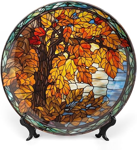 Platos decorativos de otoño, diseño de vitrales, placa de exhibición de árbol de otoño para el hogar, oficina, cocina, decoración de mesa, platos de