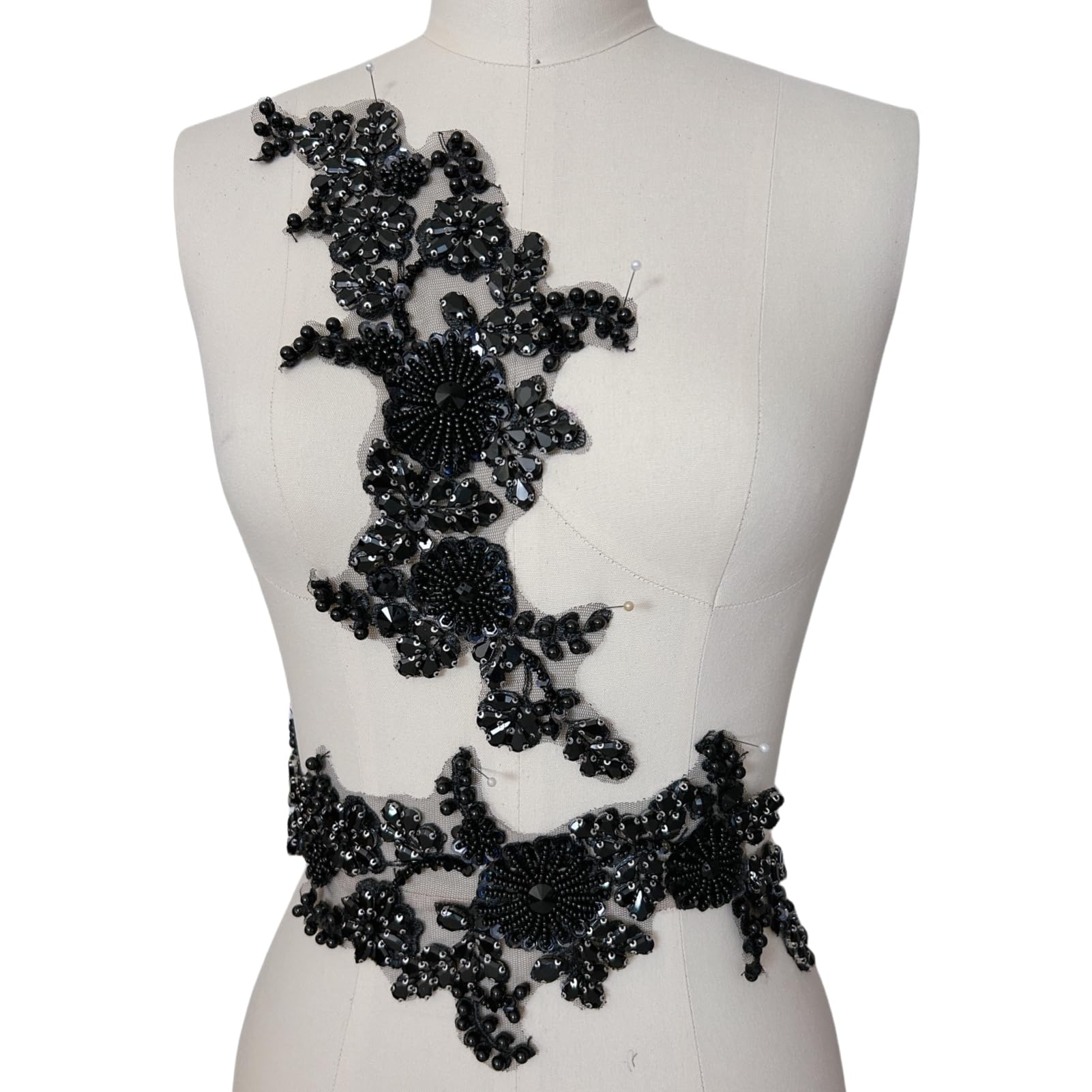 Motif floral pour robe de mariée en applique de dentelle noire perlée d'épaule et taille