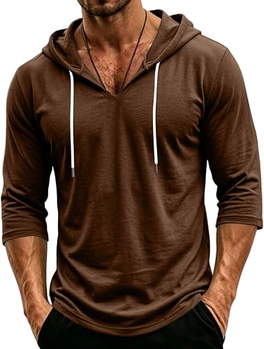 Men's Cotton Linen Hoodies Quick Dry Pullover 3/4 Sleeve Stretchable Cotton Ligh