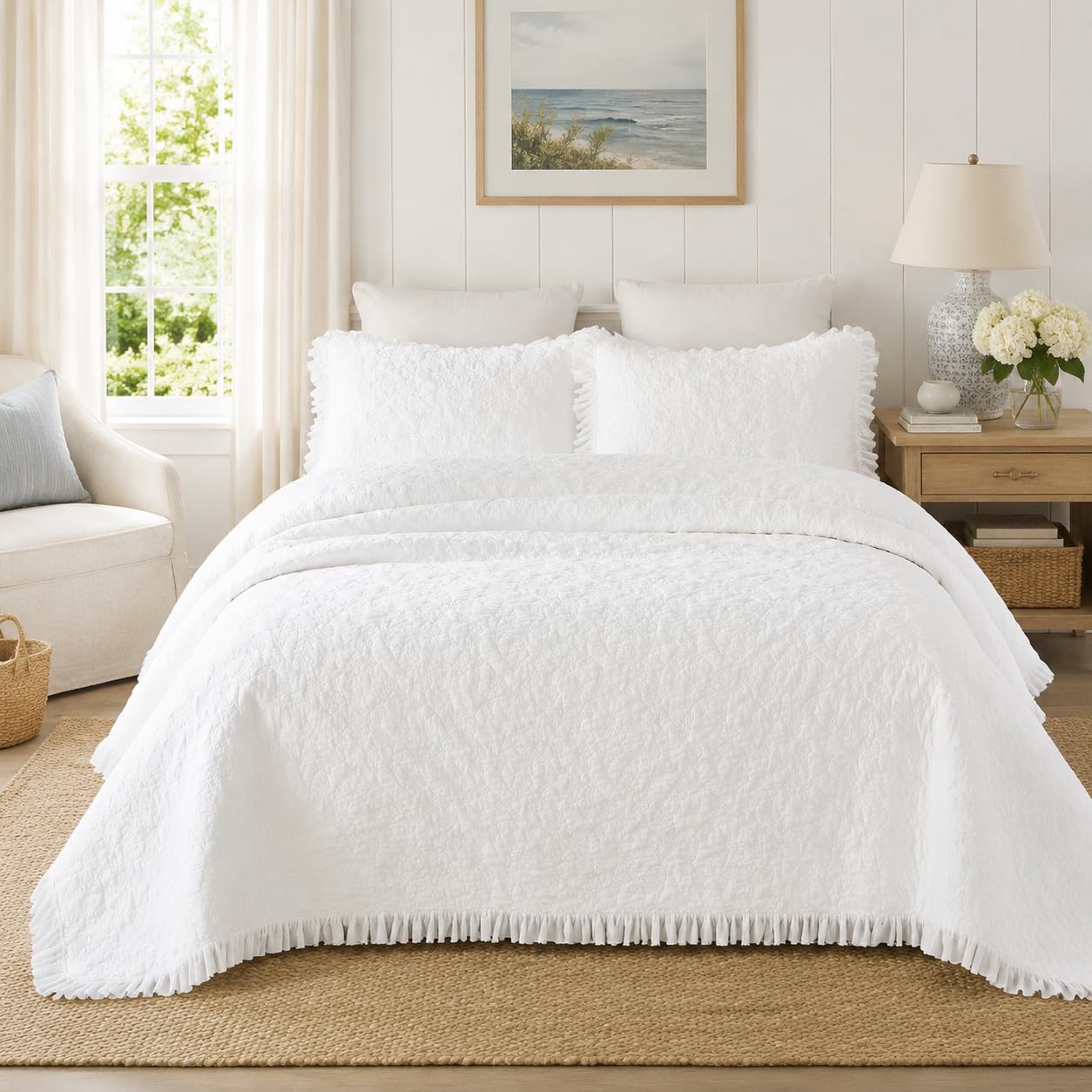 Brandream Juego de Ropa de Cama de algodón Blanco sólido tamaño King, Colcha Matelasse con 2 Fundas de Almohada: Elegante Colcha con Volantes, Juego de Ropa de Cama Ligero Femenino